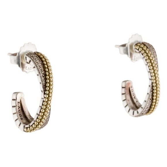 LAGOS TWO-TONE 14K YELLOW GOLD & STERLING SILVER CAVIAR X DIAMOND HOOP EARRINGS - Picture 2 of 6